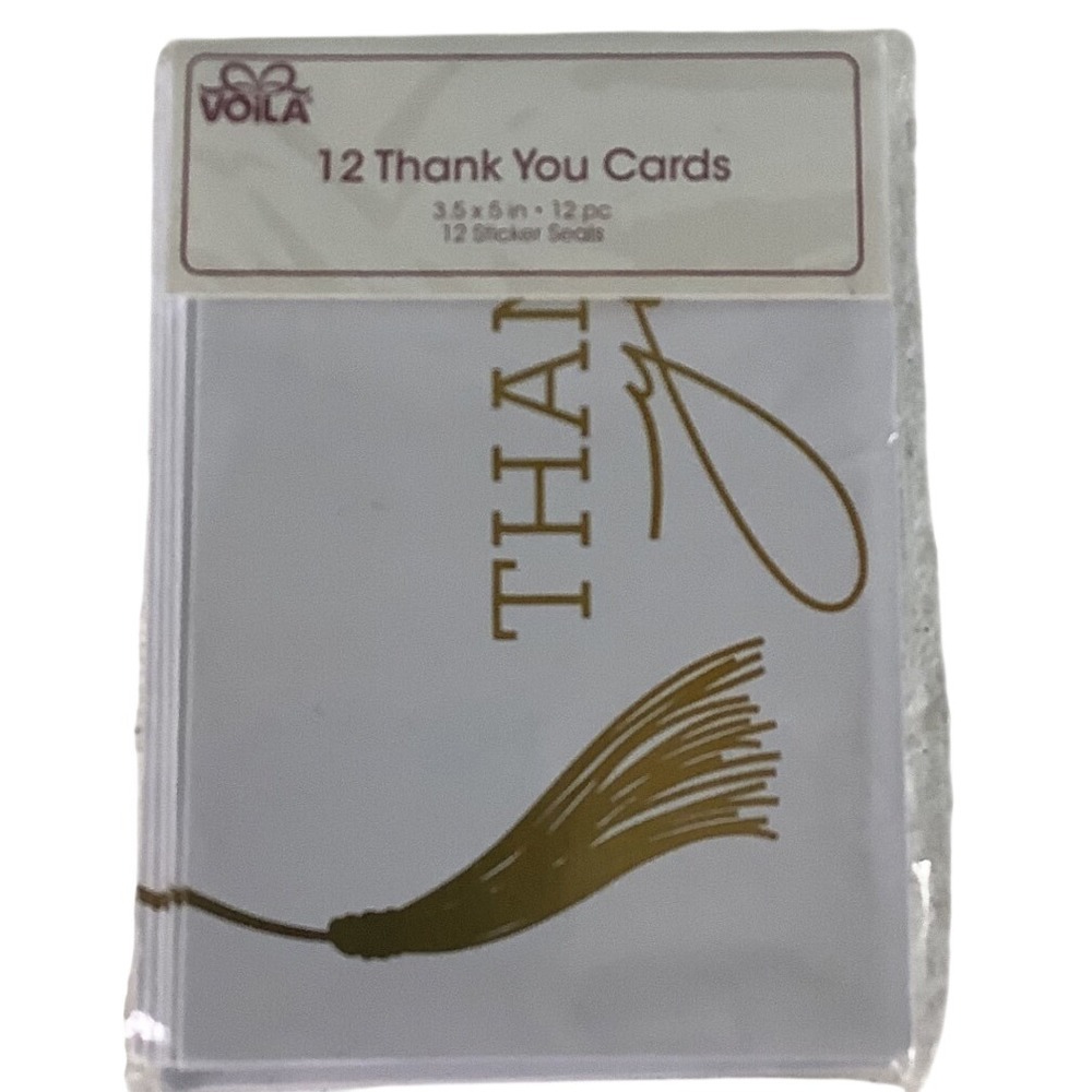 Voila 12 Count Thank You Cards White Gold Tassel With 12 Sticker Seals 3.5x5in